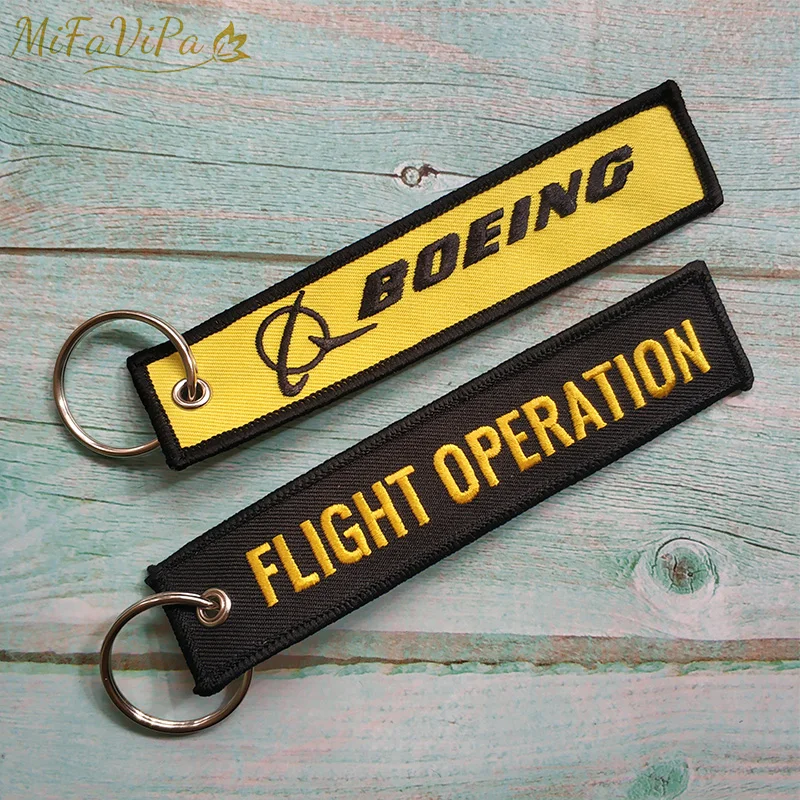 10 PCS Fashion Keychain Trinkets Chaveiro Boeing Key Chains Yellow FLIGHT OPERATION Embroidery Wholesale llavero for Men Keyring