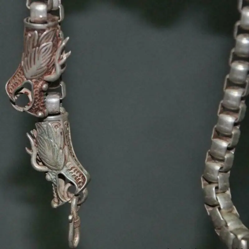 Old Chinese Tibetan Silver Copper Auspicious Double Dragon Loong Head Beast   Statues  Amulet Statue Mascot Gift
