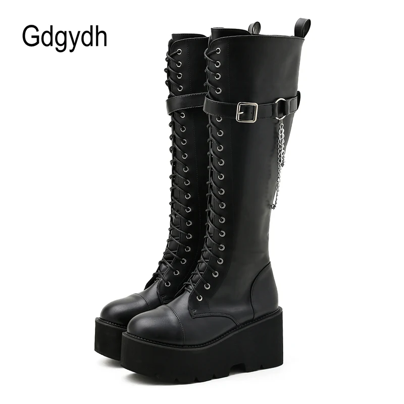 Gdgydh High Quality Women Long Boots Knee High Shoes Chunky Heels Autumn Winter Brand Designer Platform Boots Belt Buckle Chain