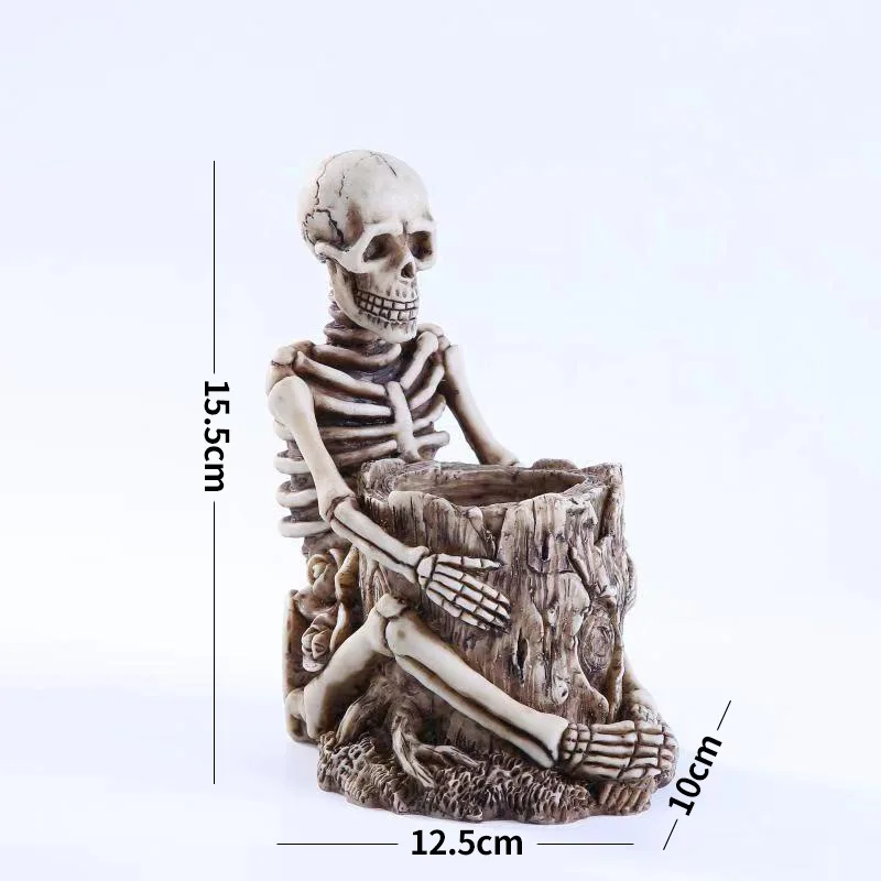 Skull Statue Pen Holder Desk Wall Mounted Resin Storage Box Home Office Desk Decor Gift Halloween Party Decoration Dropshipping