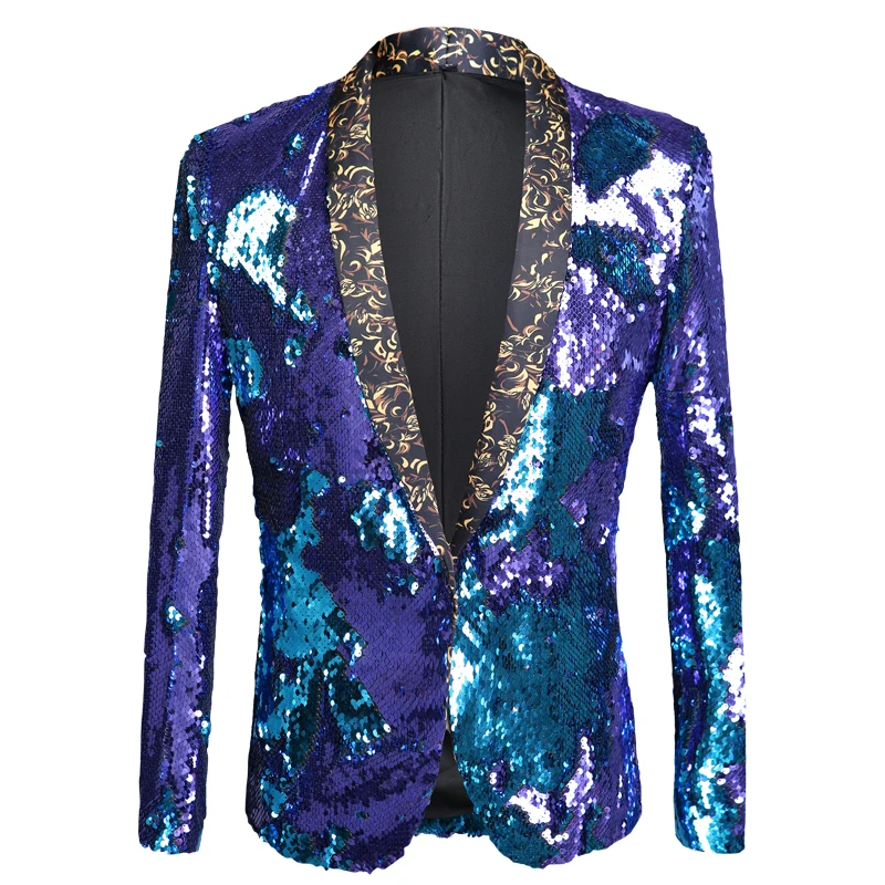 Autumn and winter new men\'s two-color sequins slim suit stage costume nightclub bar DJ singer blazer performance clothing