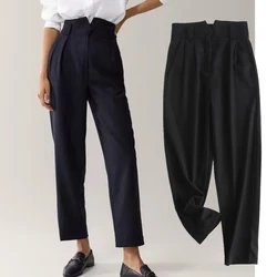 Maxdutti-Pantalones de lana estilo inglés para Mujer, pantalón informal de cintura alta para oficina, Invierno