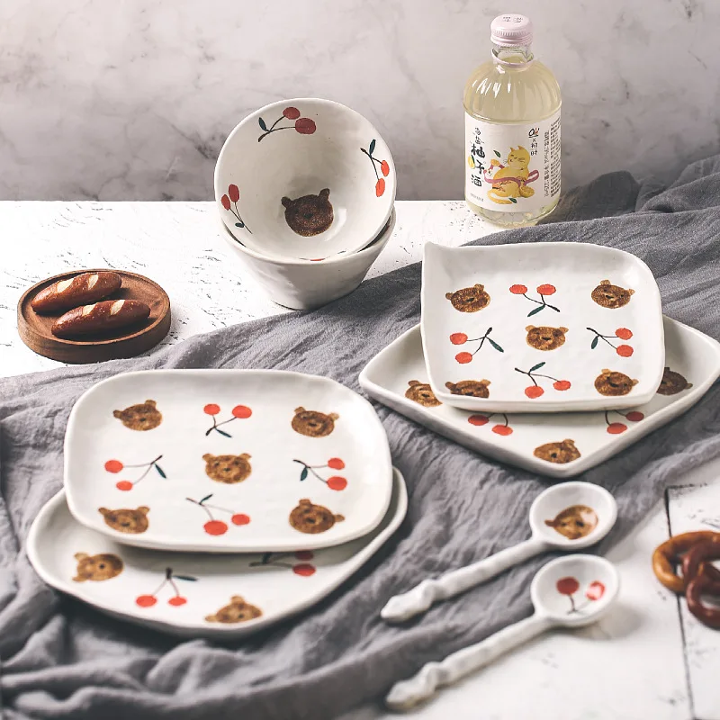 

Jingdezhen hand-painted rough pottery cute cherry bear ceramic tableware set Japanese household dishes and spoons