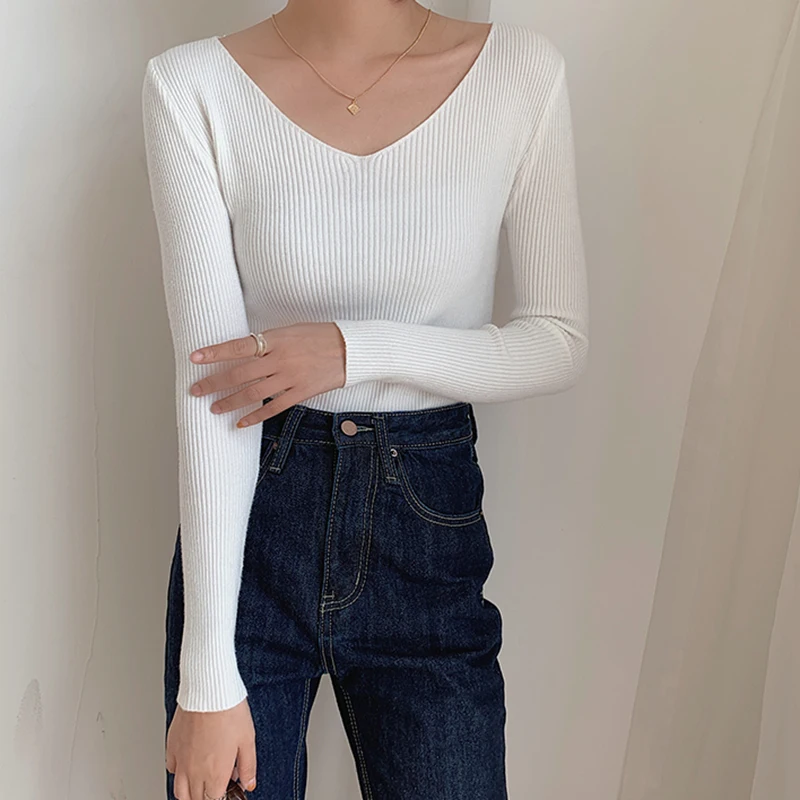 2022 Autumn Winter Screw Basic White Black Knitted T Shirt Women Long Sleeve Tops T-shirts V Neck Slim Casual Tee Shirts Femme