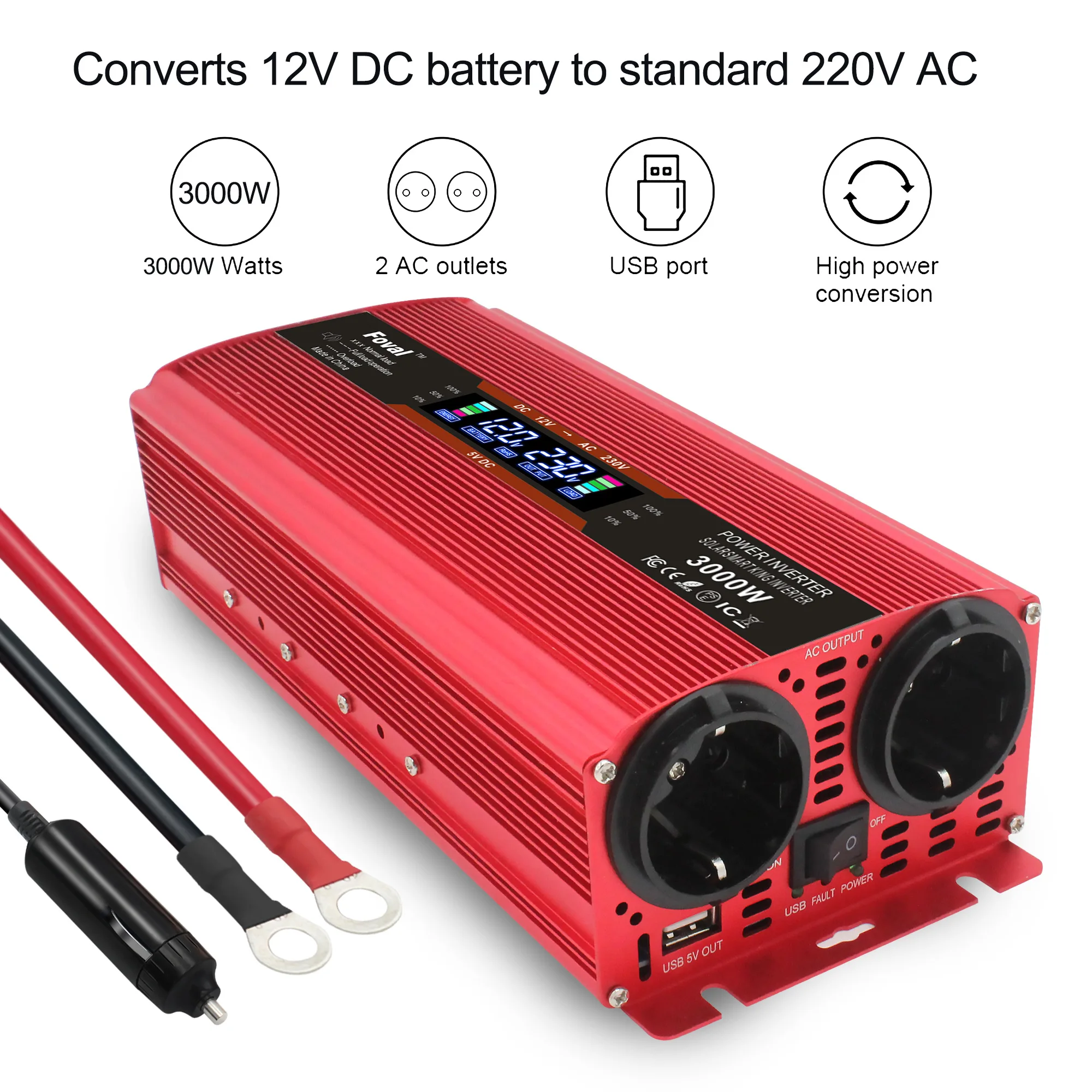 3000W Multifunctional Car Inverter 12V /24V To 220v Cigarette Lighter Plug Dual EU Socket With LCD Display