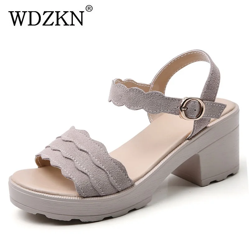 WDZKN nowe damskie letnie buty na wysokim obcasie sandały wysokiej jakości krowa zamszowe Peep Toe gruby obcas platformy Casual Student kobiety