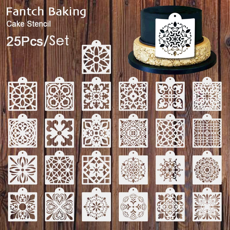 25Pcs/Set 6Inch Retro Mandala Totem Cake Stencil Template Lace Decoration Pad Strew Duster Baking Tool Waterproof Soft Plastic