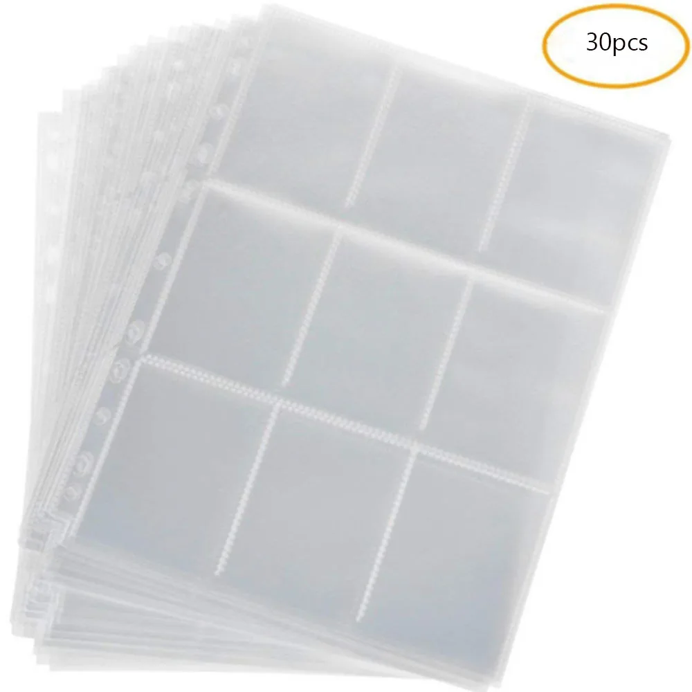 

30PCS Transparent 9-Card Protector Sleeves Pocket Gaming Trading Card Album Pages Binder Sheets for Stickers Stamps Storage Page