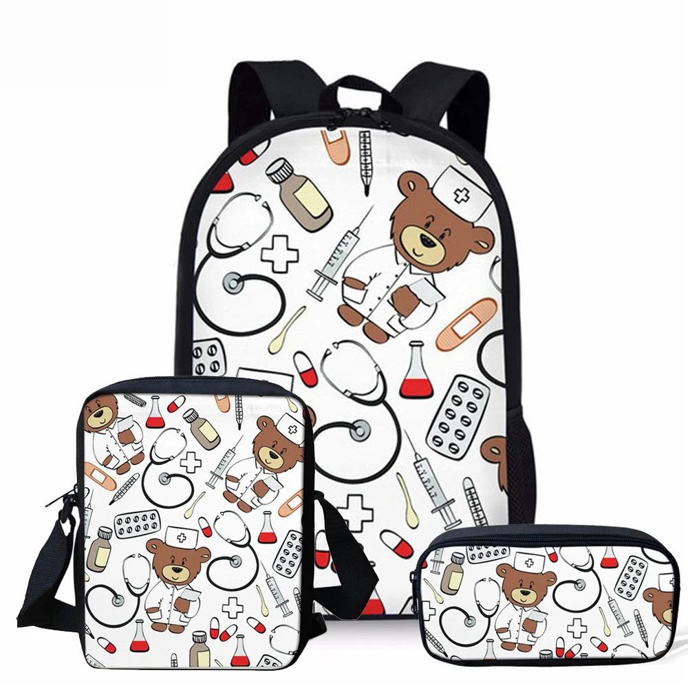 INSTANTARTS Cartoon Bear Nurse Pattern 3pcs School Backpack for Girls Boys Primary Students Book Bag With Lunch Food & Pen Set