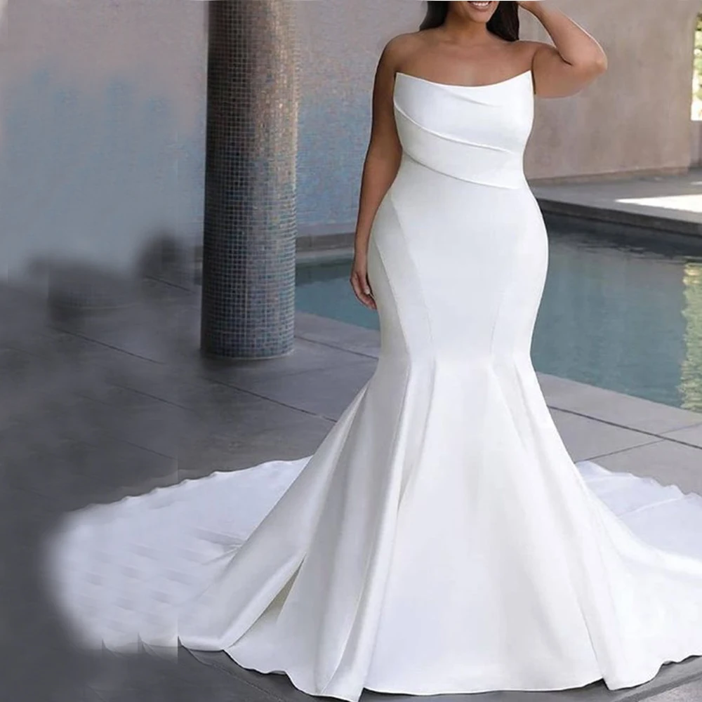 Vestidos de casamento de sereia de cetim completo sem alças colher pescoço volta zíper vestido de noiva sweeptrain personalizar robes de soirée