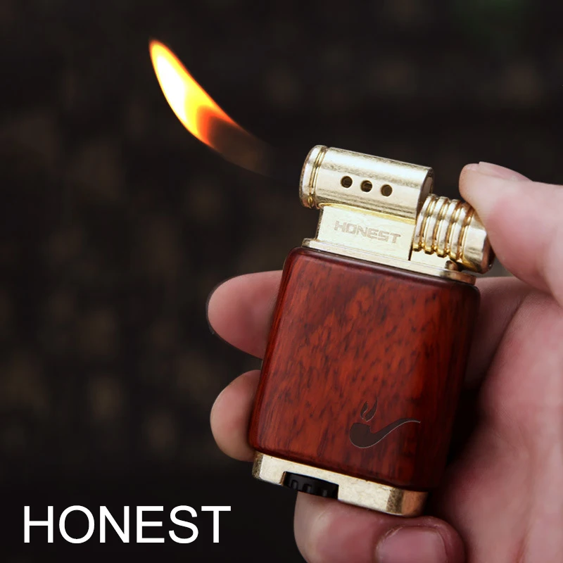 HONEST Pipe Lighter Wooden &Metal Butane Gas Isqueiro Angled Slanted Soft Flame