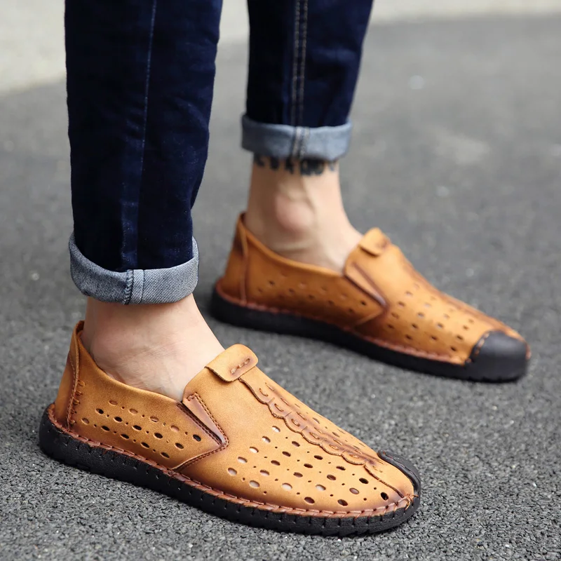 Italian Men Shoes Casual Luxury Brand Summer Men Loafers Genuine Leather Moccasins Light Breathable Slip on Boat Shoes Plus Size