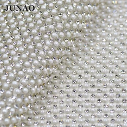 JUNAO 24*40cm Hotfix bianco perla Strass maglia Trim vetro cristallo tessuto foglio perla Applique Strass fascia indumento scarpe fai da te