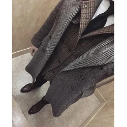 Dark Gray Suit Tweed Men One Piece Navy Herringbone Wool Medium Length Bussiness Retro Long Jacket for Wedding Groomsmen