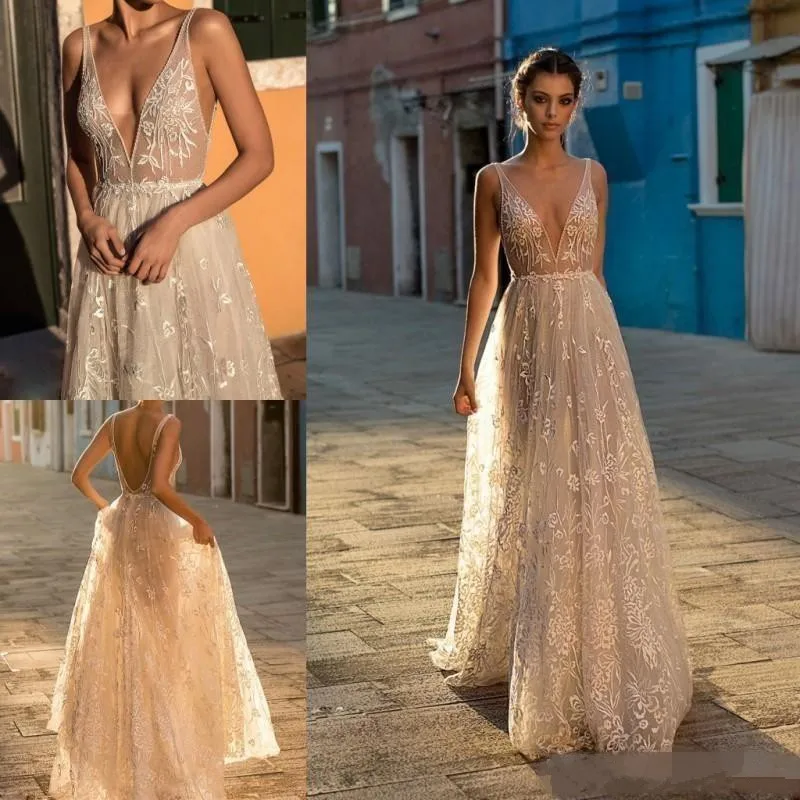 

2019 A-line Boho Wedding Dresses Bridal Gowns Sexy Bohemia Deep V Neck Lace Appliqued Backless Tulle Floor Length with Beading