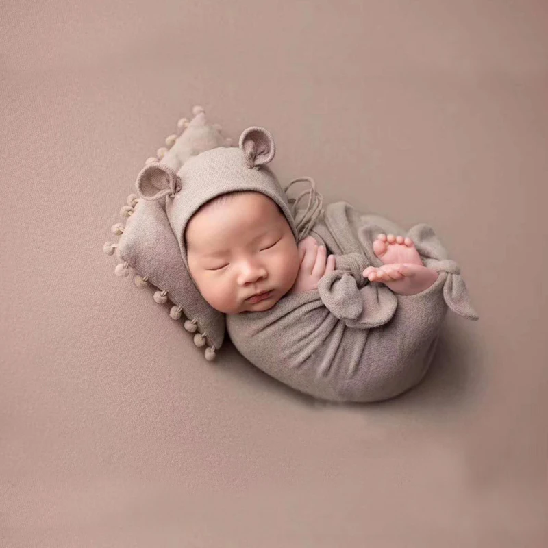 Newborn Baby Photography Wraps Swaddle 3pcs Set Bear Hat Pillow Photo Costumes Studio Props Boys Girls Clothing Bows