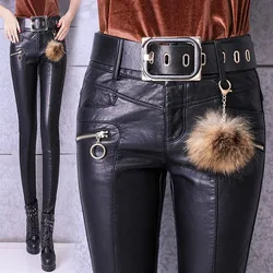 Women PU Leather Pants 2024 New Autumn High Waist Pants Faux Leather Skinny Pencil Pant Sashes pockets Tight Trousers Black P513
