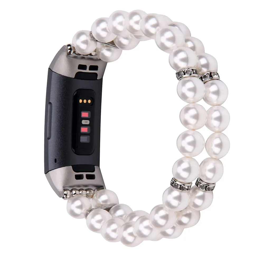 White Pearl Wrist Bracelet for Fitbit Charge 5/ Charge 6 Band Replacement Luxury Jewelry Strap Handmade Beaded Dressy