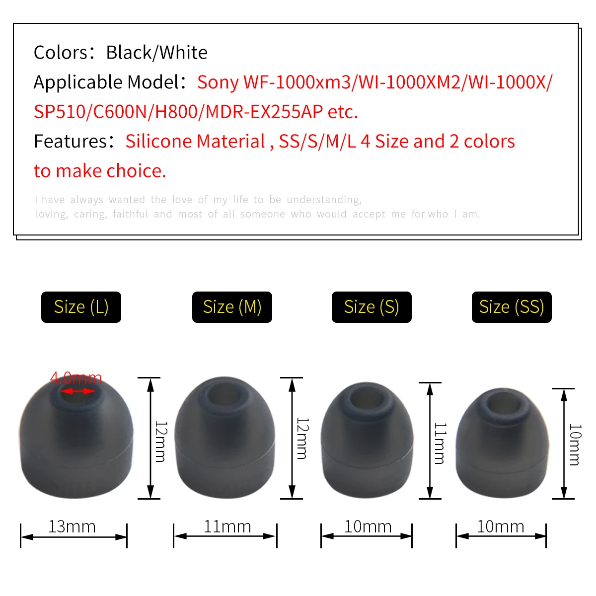 소니 WF-1000XM3 H800 이어팁 WI-1000XM2 SP510 C600N MDR-EX255AP 헤드폰 팁, 확장 실리콘 이어팁, 4.0-5.5mm, 8 개