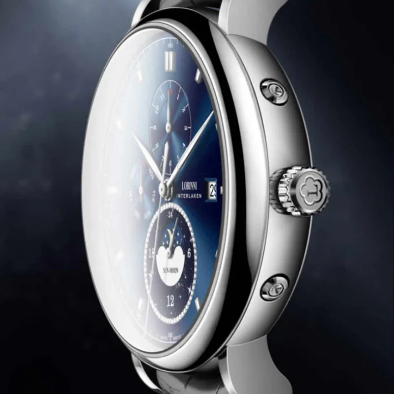 LOBINNI مصمم الرجال الساعات الميكانيكية التلقائية القمر المرحلة تاريخ الأسبوع الرجال ساعة اليد للماء الياقوت الزجاج الساعات