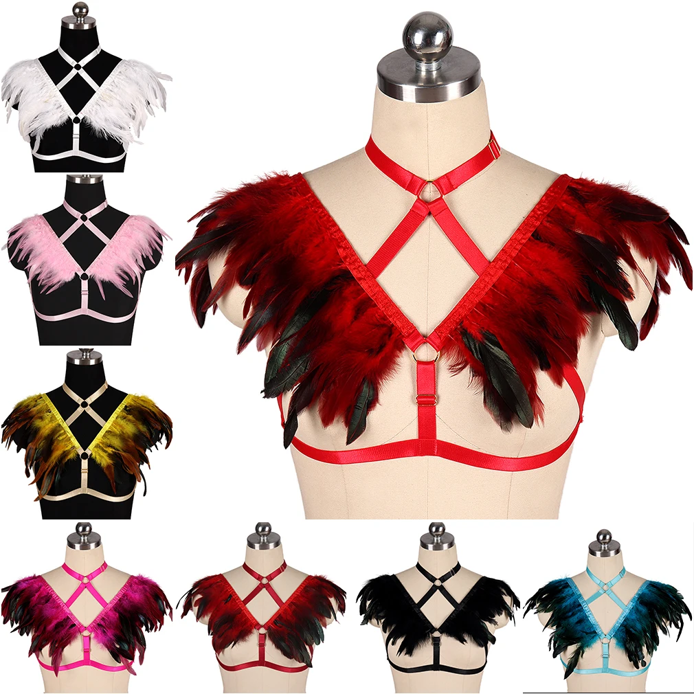 

Fashion Woman Sexy Hollow Out Elastic Body Bondage Feather Harness Bra Wild Midnight Club Carnive Sex Club Cage Bra