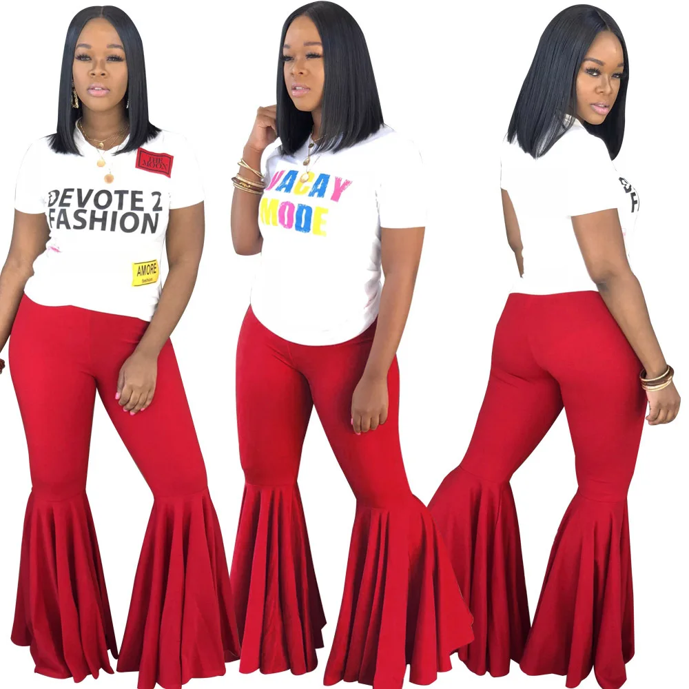 Fashion Ruffle Flare Pants Wide Leg Women Colorful Bodycon Mid Waist Bell-Bottoms Pant Vintage Solid Trouser
