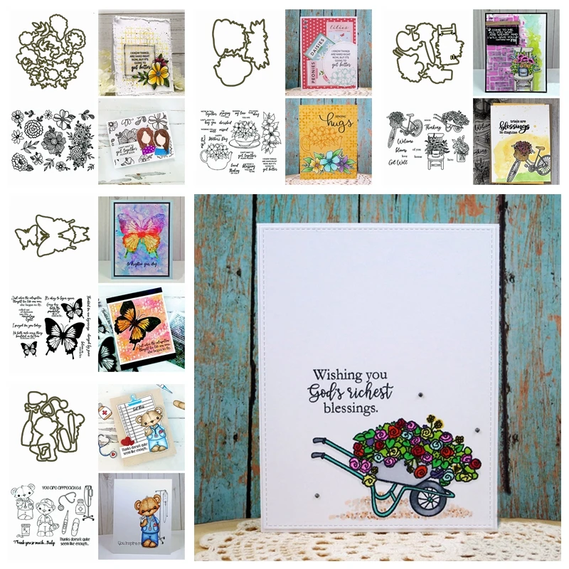 

Flowers Butterflies Doll Metal Cutting Dies With Coordinate Clear Stamps Set Bouquet Bicycle DIY Scrapbooking Craft Card 2020