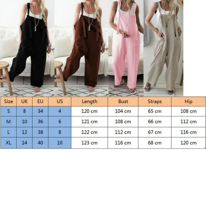 Women\'s Linen Dungarees Harem Strap Pant Loose Jumpsuit Baggy Trousers Overalls