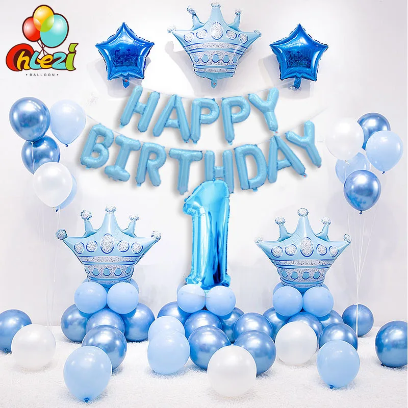 

1 Set Blue Pink Crown Birthday Balloons Helium Number Foil Balloon for Baby Boy Girl 1st Birthday Party Decorations Kids Shower