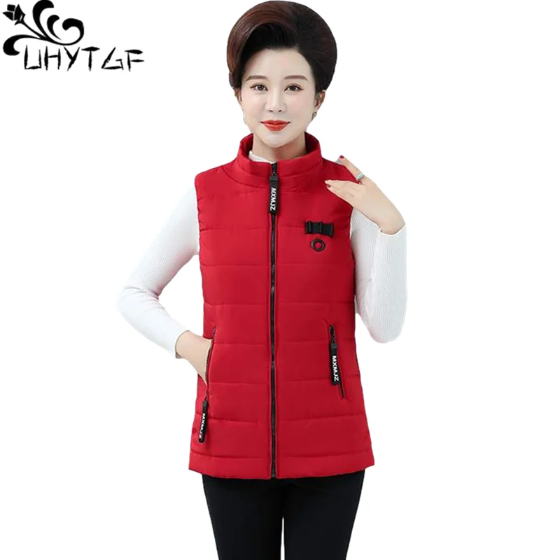 UHYTGF Autumn Winter Vest For Women Down Cotton Sleeveless Warm Female Tops Jacket Middle-Aged Mom 5XL Loose Size Waistcoat 1514