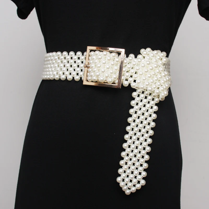 

Women's Runway Fashion Pearl Knitted Cummerbunds Female Dress Coat Corsets Waistband Belts Decoration Wide Belt R788