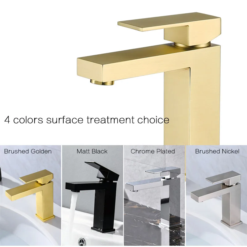 Brushed Gold Square Bathroom Hot And Cold Faucet 100% Soild Brass Matte Black High Quality Single Hole Basin Water Mixer Tap