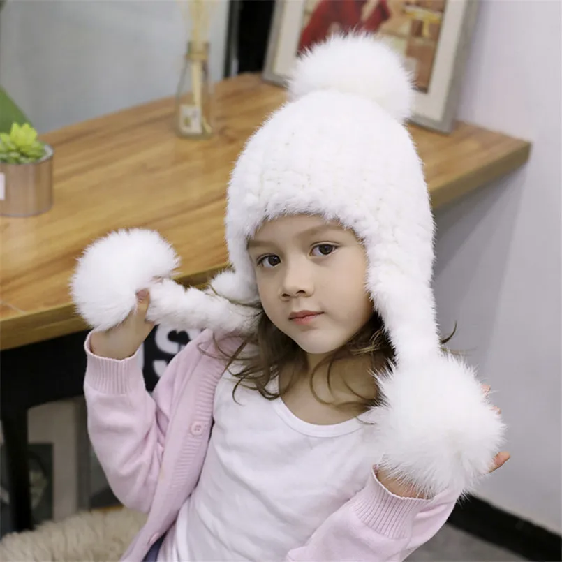 Natural Mink Fur Bomber hats Winter Warm Outdoor Fluffy  Earflap Caps Luxury Russian Boys and Girls Children R6