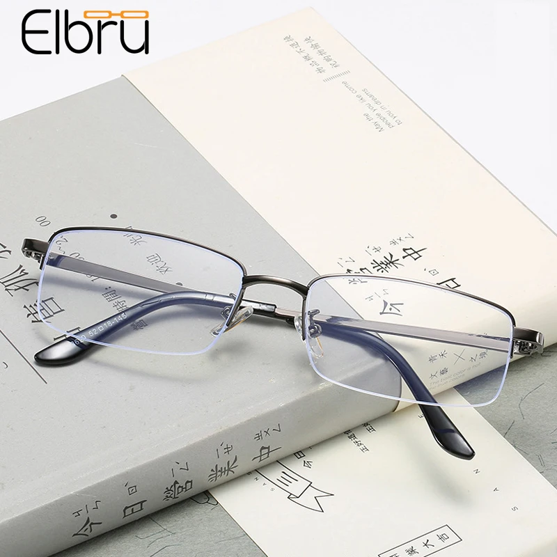 Elbru Business Men Square Semi-rimless Myopic Glasses Anti Blue Light Short-sighted Eyeglasses Ultralight Metal Clear Eyewear