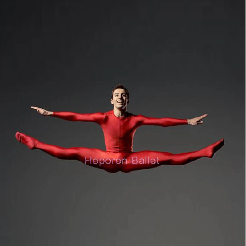 Man Ballet Dancer Long Sleeve Jumpsuit In Red Tight Leotard Full Body Suit Ballet Gym Dance Wear