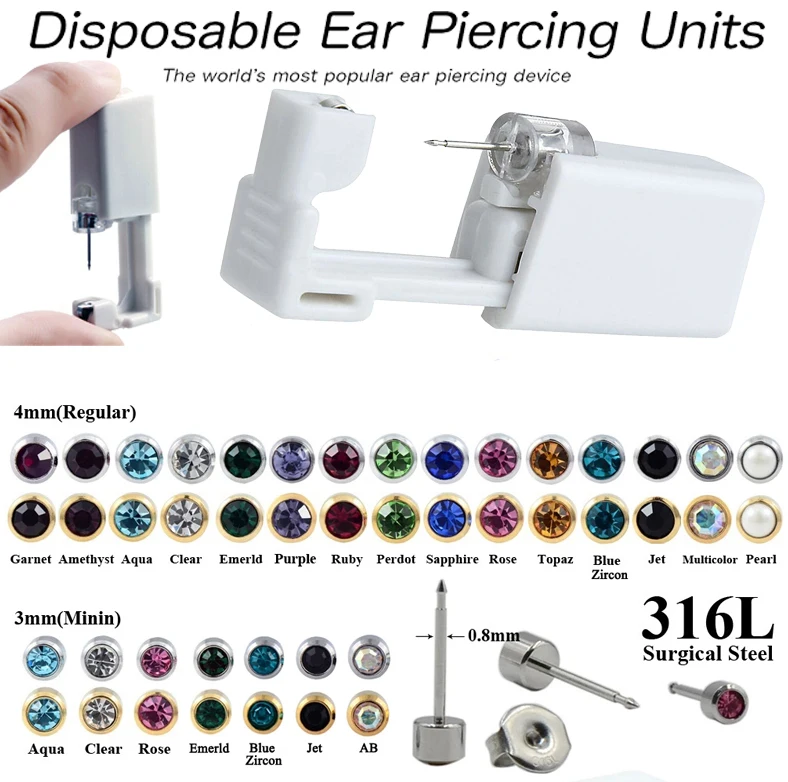 1PC Sterile Disposable No Pain Ear Piercer device Ear Cartilage Piercing Gun Tool Kit Unit Built In CZ Birthstone Earring Stud