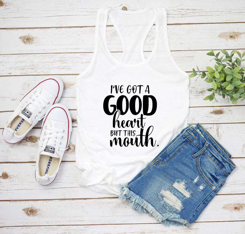 funny I've Got a Good Heart but This Mouth tanks women fashion aesthetic undershirt singlet sleeveless 100% cotton  garment top