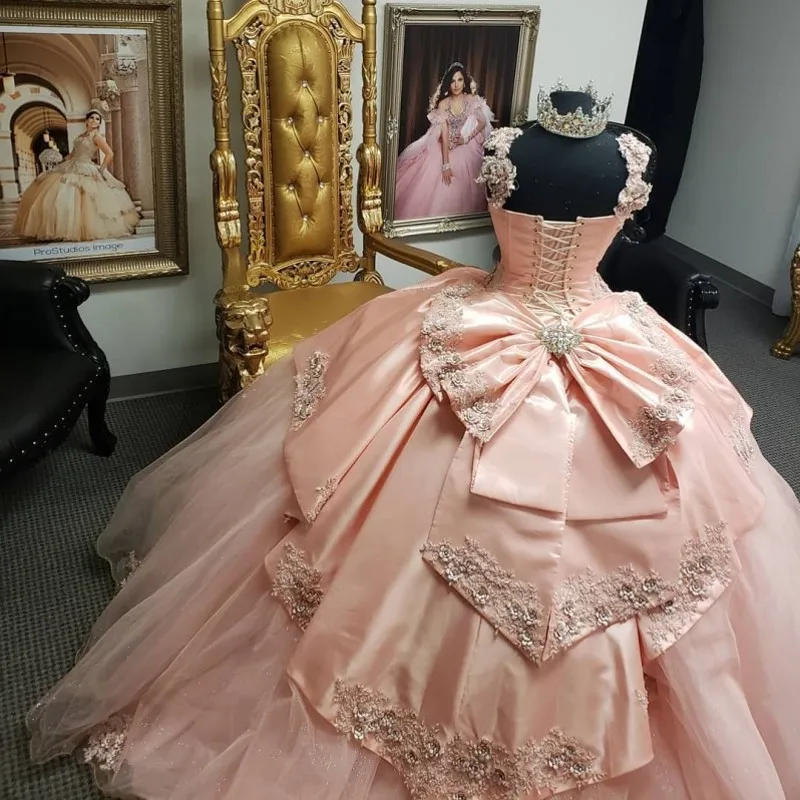 Mới Vestidos De 15 Años Hồng Quinceanera Áo Appliqued Đính Hạt Bóng Vũ Hội Đồ Bầu Sweet 16 Đầm Áo Dây De Princesse Fille