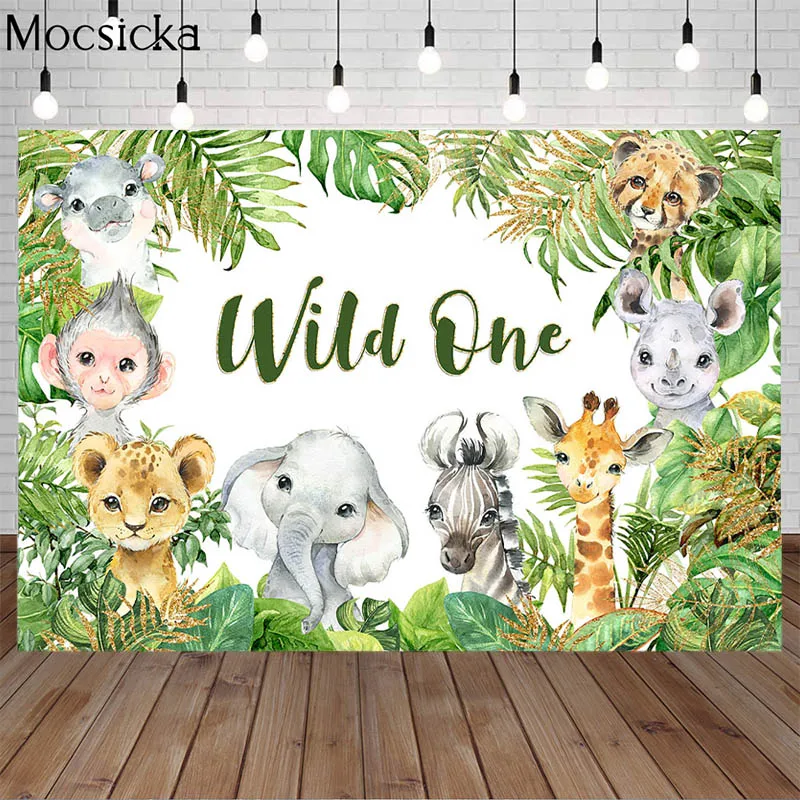 Wild One Newborn 1st Birthday Party Backdrop Tropical Green Leaves Jungle Safari Animals Baby Shower Background Banner Photocall