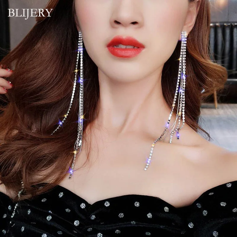 BLIJERY New Silver Color Rhinestone Crystal Long Tassel Earrings for Women Bridal Dangling Drop Earrings Brincos Wedding Jewelry