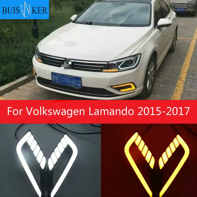 

2 pcs LED DRL Daytime Running Light Daylight driving yellow turn Signal lamp For Volkswagen Lamando 2015-2017