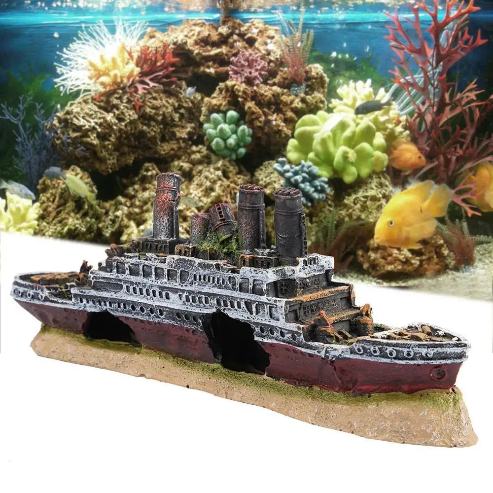 Aquarium Titanic Lost Wrecked Boat Ship Aquarium Decoration Ornament Wreck Tank Accessories Cave Hide Shelter Resin Household