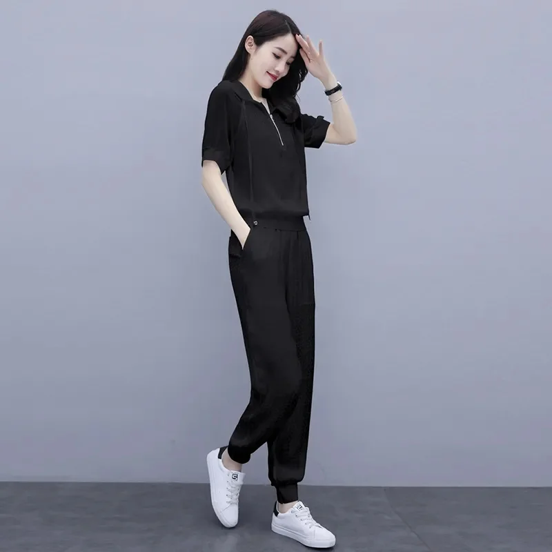 Women Hooded T-Shirt And Sports Pant Sets Female 2022 Summer New Korean Fashion Temperament Thin Two Piece Suit Elegant White