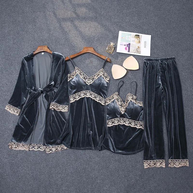 4 pieces Lace Velvet Pajamas Sets Women Warm Pyjamas Sleepwear Robe Pants Winter Pijamas Bathrobe Sexy Lingerie Autumn Pyjamas