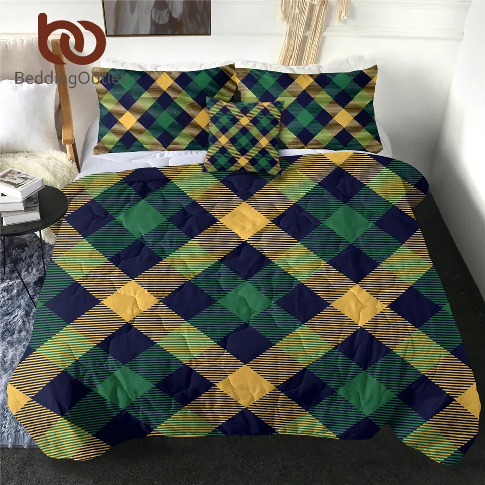 

BeddingOutlet Classical Bedspreads Blue Yellow Green Bedding Set Tartan Summer Quilt 4-Piece Scottish Squares Bed Cover Queen