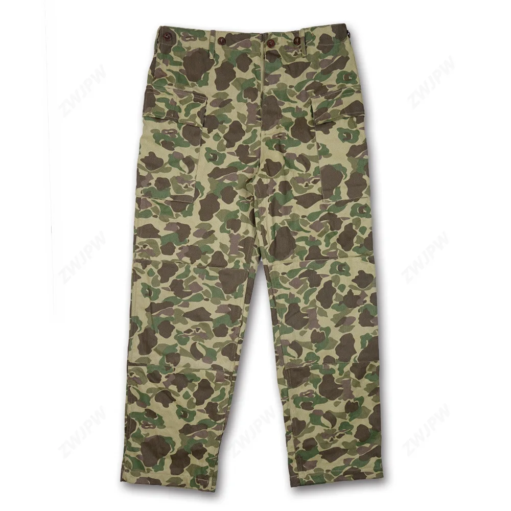 WWII US Duck Hunting Double Camouflage Army Pants HBT Herringbone Fabric Outdoor Training Shooting Sniper Combat Battle Trousers