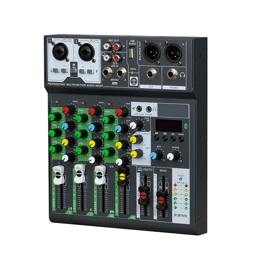 Mezclador de Audio NS-6BT, consola de interfaz de tarjeta de sonido USB de 4 canales, 48V para alimentación fantasma de estudio en casa, mezclador de grabación humeante en vivo