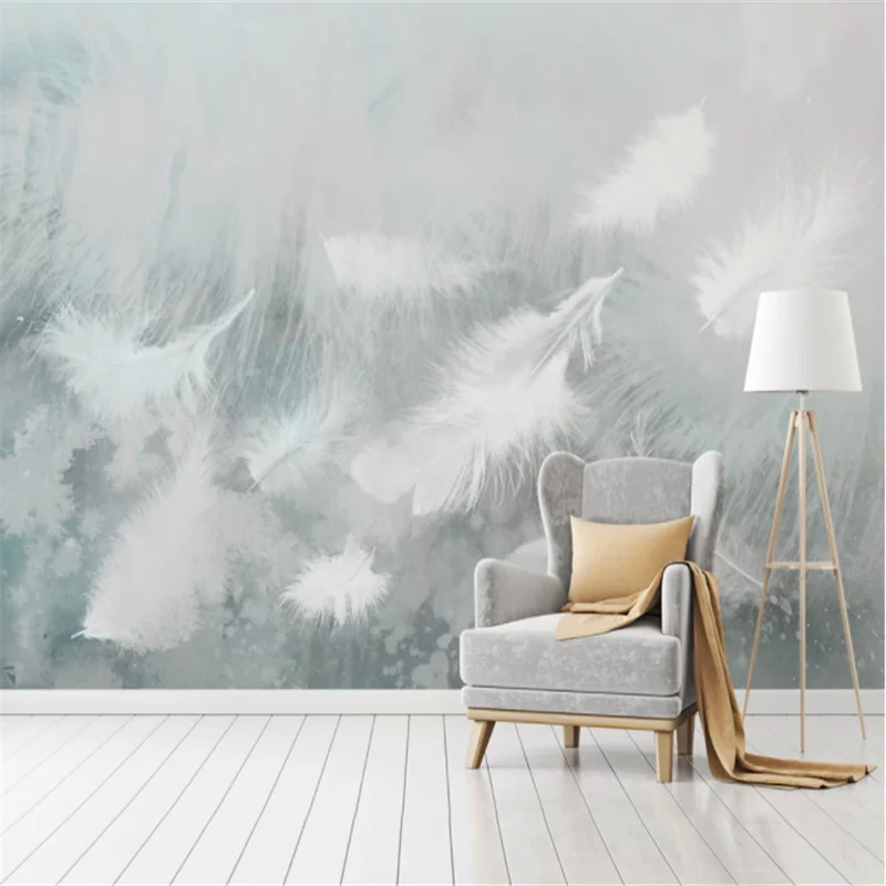 

Custom Mural Wallpaper Minimalism Beautiful Blue Watercolor White Feathers Background Wall Painting