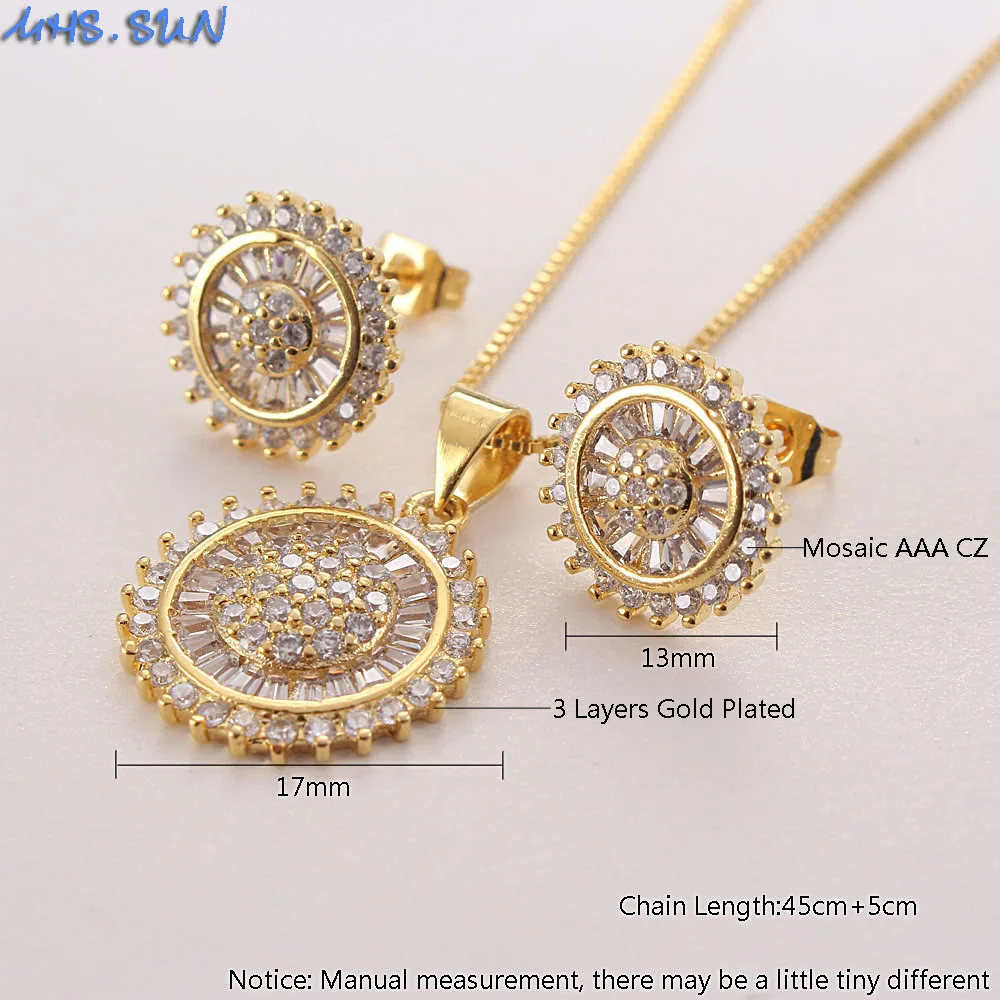 MHS.SUN Newest Round Zircon Pendant Necklace Earrings For Women Jewelry Set Gold/Silver Color Chain Crystal Necklace For Party