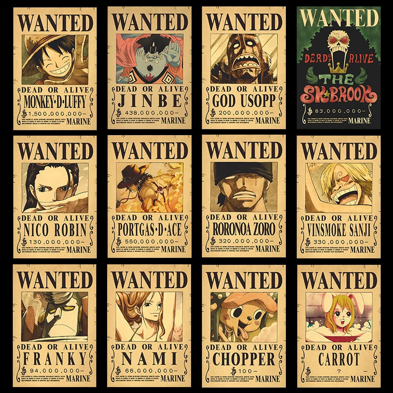 10Pcs Luffy Straw Hat Pirates One Piece Wanted Poster Sticker Vintage Painting Kid Bed Room Living Wall Decorate Adult Toy Gift